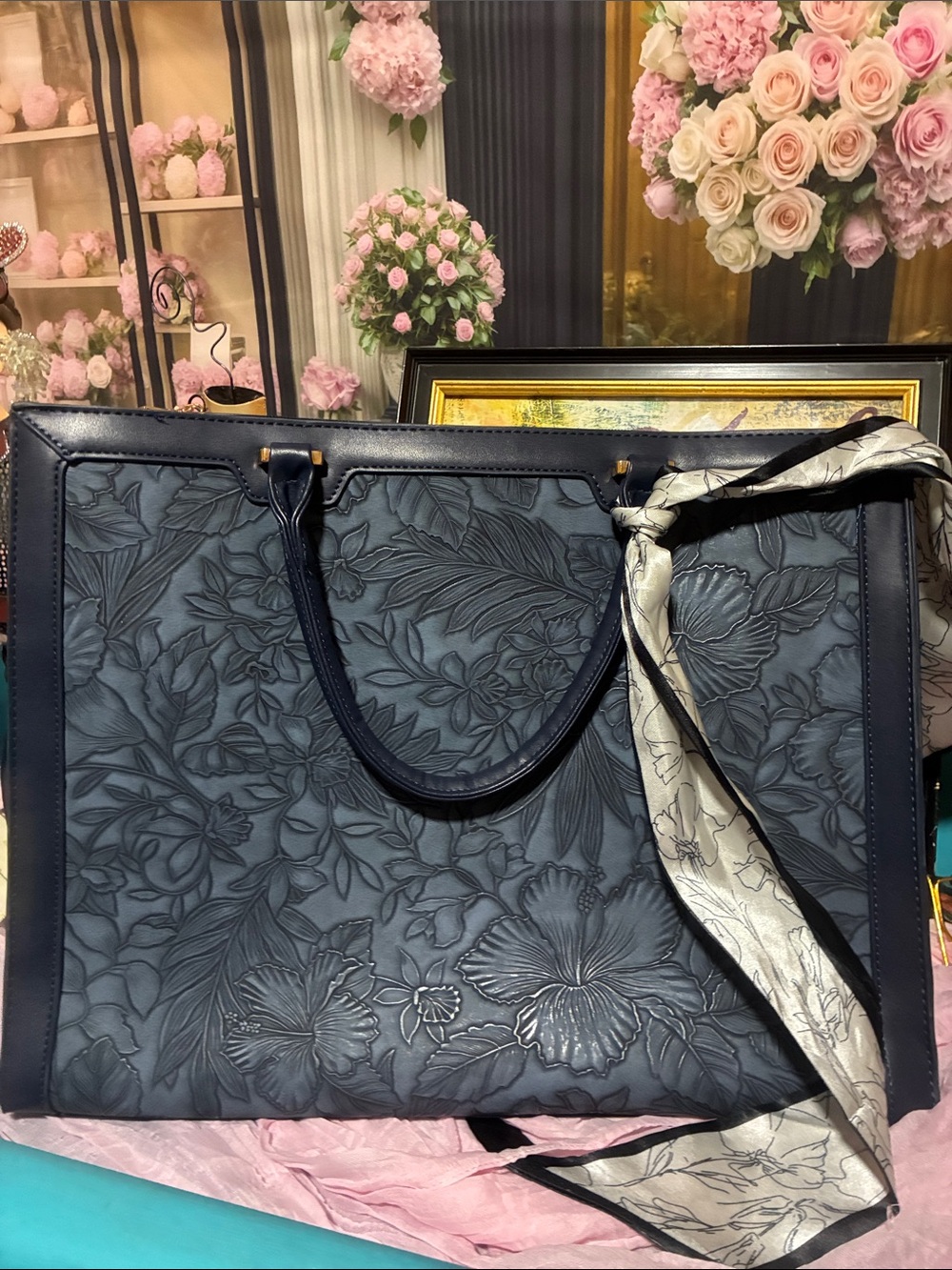 Elegant Floral Embossed women’s Briefcase in Navy
